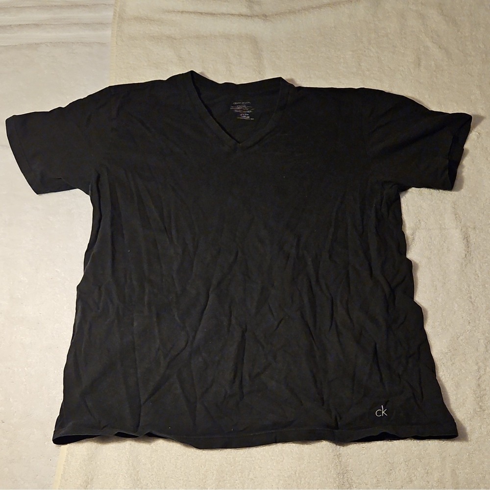 Calvin Klein Men's Black V-Neck Logo Cotton Knit T-Shirt Short Sleeve L